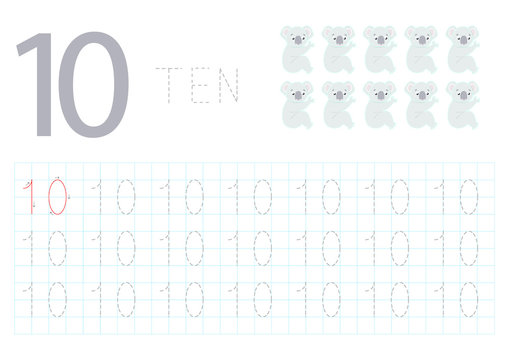 Number Ten, Pregrafism on numbers, Card for Learning to Write Children's Numbers. 
