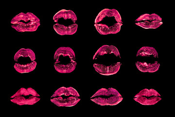 Pink lipstick kiss print set black background isolated close up, red sexy lips mark makeup...