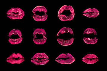 Pink lipstick kiss print set black background isolated close up, red sexy lips mark makeup collection, neon light female kisses imprint, beauty make up wallpaper, fashion banner, love & passion symbol