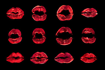 Red lipstick kiss print set black background isolated close up, neon light sexy lips mark makeup...