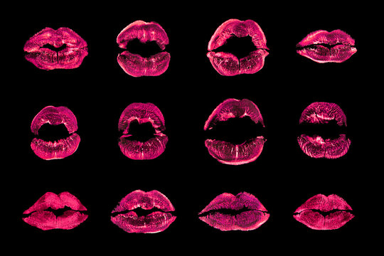Pink lipstick kiss print set black background isolated close up, red sexy lips mark makeup collection, neon light female kisses imprint, beauty make up wallpaper, fashion banner, love & passion symbol