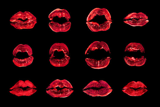 Red lipstick kiss print set black background isolated close up, neon light sexy lips mark makeup collection, pink female kisses imprint, beauty make up wallpaper, fashion banner, love & passion symbol