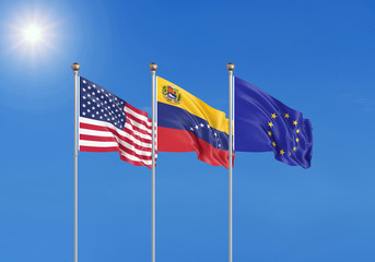 Three realistic flags of European Union, USA (United States of America) and Venezuela. 3d illustration.