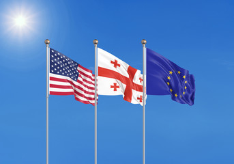 Three realistic flags of European Union, USA (United States of America) and Georgia. 3d illustration.