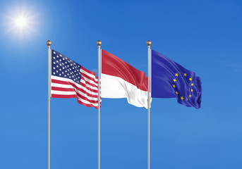 Three realistic flags of European Union, USA (United States of America) and Indonesia. 3d illustration.