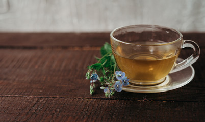 glass cup of tea with herbs. flowers in the cup.