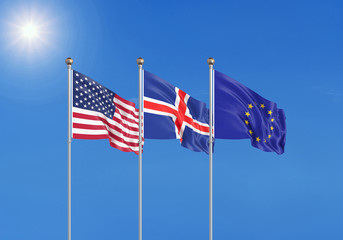 Three realistic flags of European Union, USA (United States of America) and Iceland. 3d illustration.