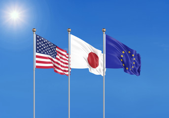 Three realistic flags of European Union, USA (United States of America) and Japan. 3d illustration.