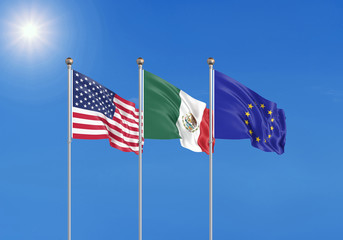 Three realistic flags of European Union, USA (United States of America) and Mexico. 3d illustration.