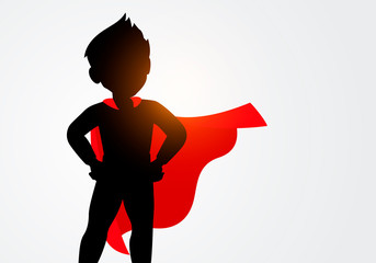 Vector Illustration Silhouette Of Child In Superhero Costume. Kid In Super Hero Pose. © Black White Mouse
