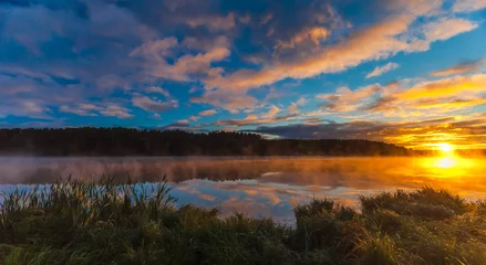 Foto op Canvas Summer dawn on a pond with fog © Александр Коликов