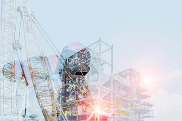 industrial welding business concept, double exposure welding metal steel.