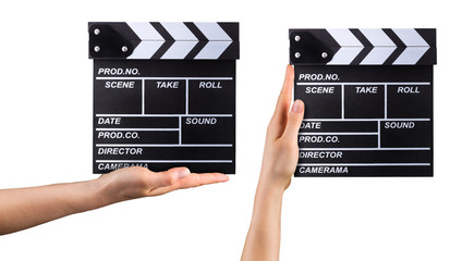Fototapeta na wymiar Set of film clapper boards and human hands isolated on white background