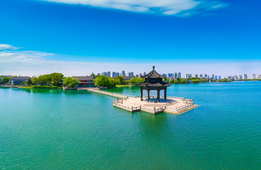 Fototapeta premium Aerial view of Lake Pavilion, Jinji Lake, Suzhou City, Jiangsu Province
