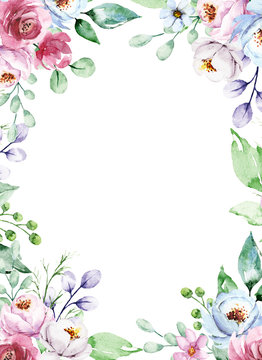 Flowers watercolor frame border, hand painting, floral greeting card template for invitation, wedding design and other printing images. Isolated on white.
