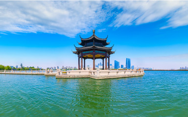 Fototapeta premium Aerial view of Lake Pavilion, Jinji Lake, Suzhou City, Jiangsu Province