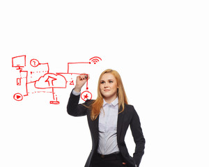 business woman makes a check mark with the red marker