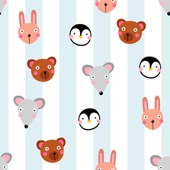 Kawaii animals seamless pattern. Cute rabbit, mouse, penguin, bear with funny face on striped white blue background. Vector characters emoji, children's clothes prints, mascot wallpaper collection