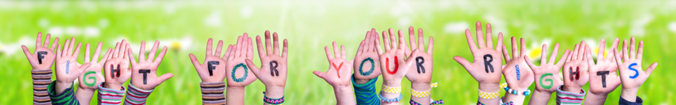 Children Hands Building Colorful English Word Fight For Your Rights. Sunny Green Grass Meadow As Background