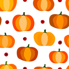 Autumn seamless pumpkin pattern. Pumpkins, cranberries isolated on white background. Seasonal vector illustration for wallpaper, textiles, wrapping paper. Autumn image for Halloween and Thanksgiving