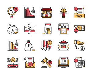 Vector color linear icon set of financial crisis, bankrupt