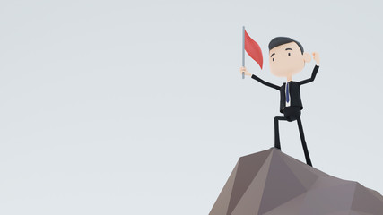 Businessman climbed the mountain. employee on top of the mountain enjoys victory, business concept of win and success. 3D rendering.