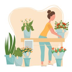 Florist service, flower shop concept, web banner, template stock vector illustration. Woman florists with bouquet. Bright harmonic colours, modern composition in flat style © Alyona