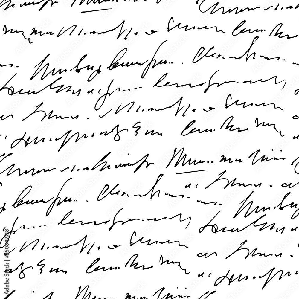 Poster Handwritten abstract text vector seamless pattern, vector monochrome script background isolated on white background