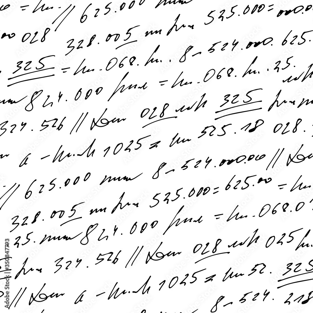 Poster Handwritten abstract text and numbers vector seamless pattern, vector monochrome script isolated on white background, mathematics and accounting backdrop