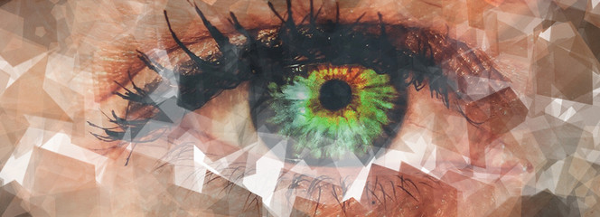 abstract designed eyes closeup dispersion effect dark background.