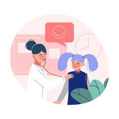 Pediatrician Doctor Listening to Chest of Cute Girl with Stethoscope, Medical Treatment and Healthcare Flat Vector Illustration
