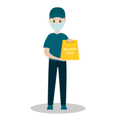 Safe food delivery. Young courier delivering grocery order to the home of customer with mask and gloves during the coronavirus pandemic. Vector cartoon illustration isolated on white background.