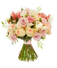 beautiful wedding bouquet with roses, isolated on white background