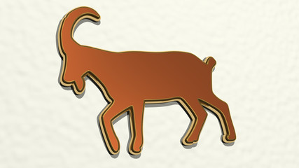 GOAT on the wall. 3D illustration of metallic sculpture over a white background with mild texture