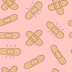 Sticking plaster vector seamless pattern, hand drawn band-aid isolated on pink background