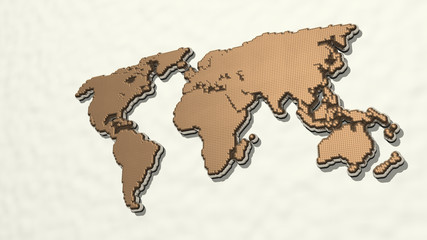 map of the world made by 3D illustration of a shiny metallic sculpture on a wall with light background