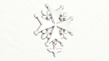 MEDAL OF GEOMETRICAL SHAPE made by 3D illustration of a shiny metallic sculpture on a wall with light background