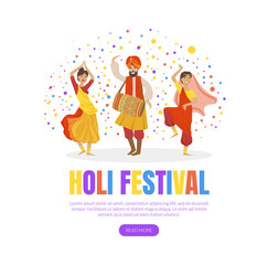 Holi Festival Landing Page Template, Indian Spring Festival, Travel Website, Mobile Application Vector Illustration