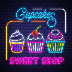 Cupcakes Shop- Neon Sign Vector. Cupcakes Shop - neon sign on brick wall background - 350850160