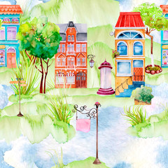 Seamless texture. Illustration Watercolor city.