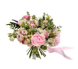 a wedding bouquet, consisting of roses, peonies, eucalyptus leaves and decorated with a pink ribbon