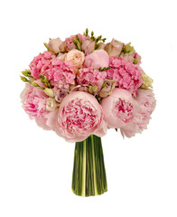 pink wedding bouquet with roses and peony isolated on white