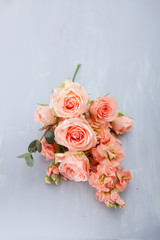 pink roses against the background of a vintage blue stool