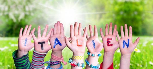 Children Hands Building Colorful German Word Italien Means Italy. Sunny Green Grass Meadow As...
