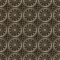 Arabic gold with black geometric circular seamless patterns. Endless repeating linear texture for wallpaper, packaging, banners, invitations, business cards, fabric print. Vector