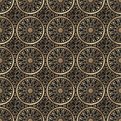 Arabic gold with black geometric circular seamless patterns. Endless repeating linear texture for wallpaper, packaging, banners, invitations, business cards, fabric print. Vector