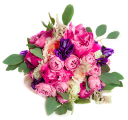 pink and violet wedding bouquet with rose bush and peony