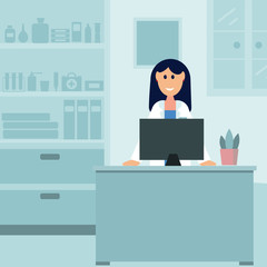 Illustration on the theme pharmacy in flat style, pharmacist on the background of an assortment of medicines, vector, decor, design