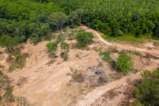 Aerial view of logging and deforestation of a tropical rainforest in rural Thailand