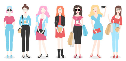Set with fashionable women.Young women in different clothes and different hairstyles.